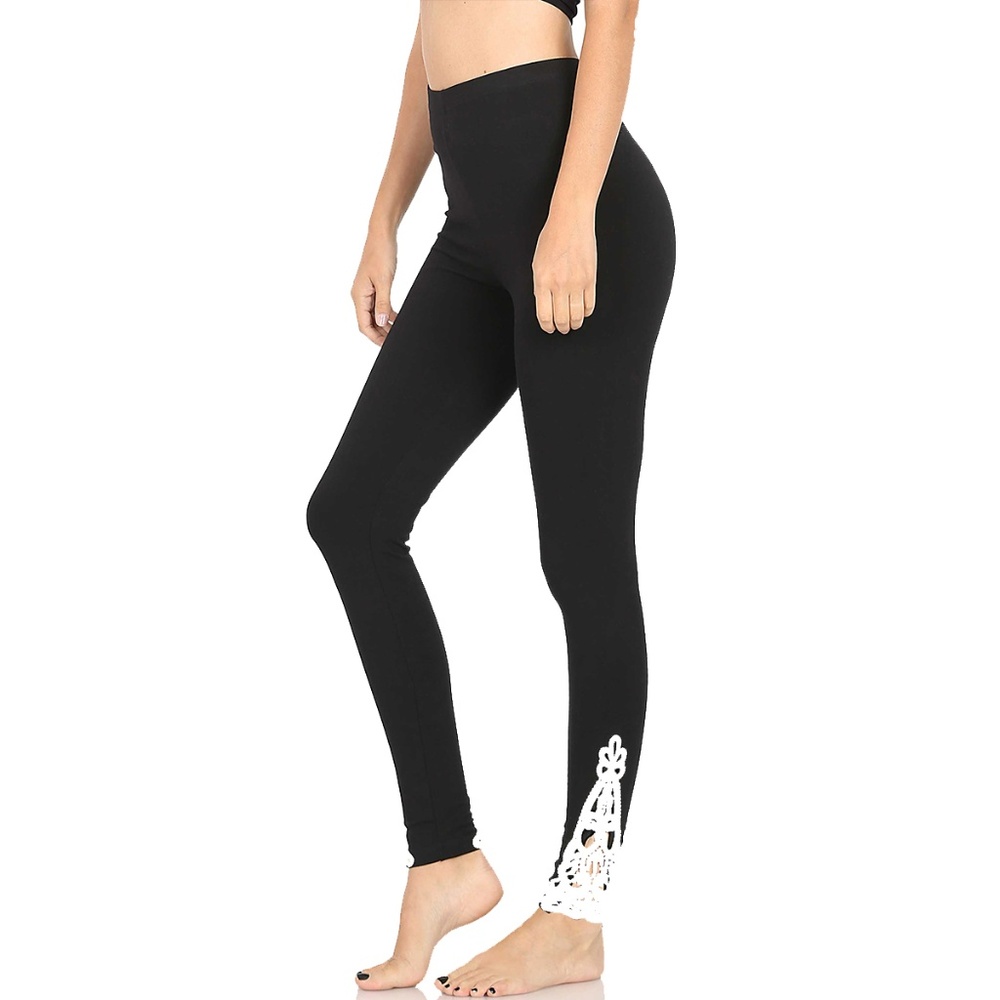 Black Leggings with White Lace Applique Detail